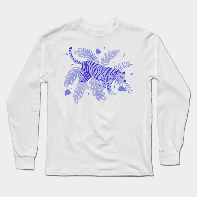 Indigo blue tiger and tropical leaves Long Sleeve T-Shirt by Home Cyn Home 